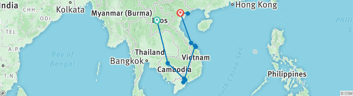 Image of a map showing the route of the tour