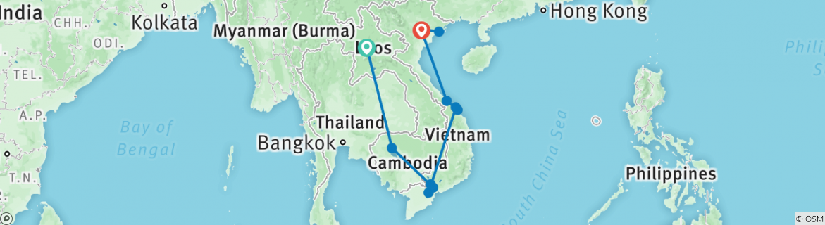 Image of a map showing the route of the tour