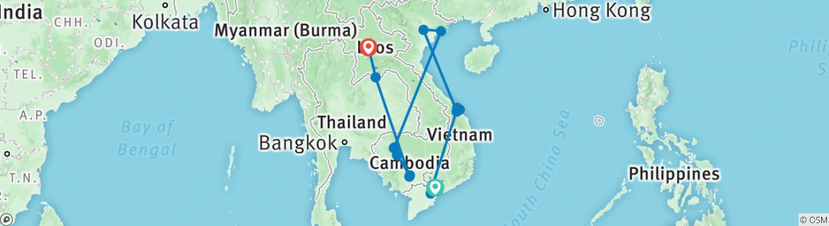 Image of a map showing the route of the tour
