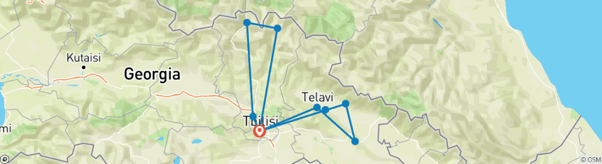 Image of a map showing the route of the tour