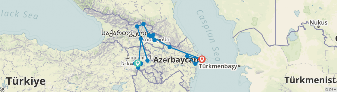 Image of a map showing the route of the tour