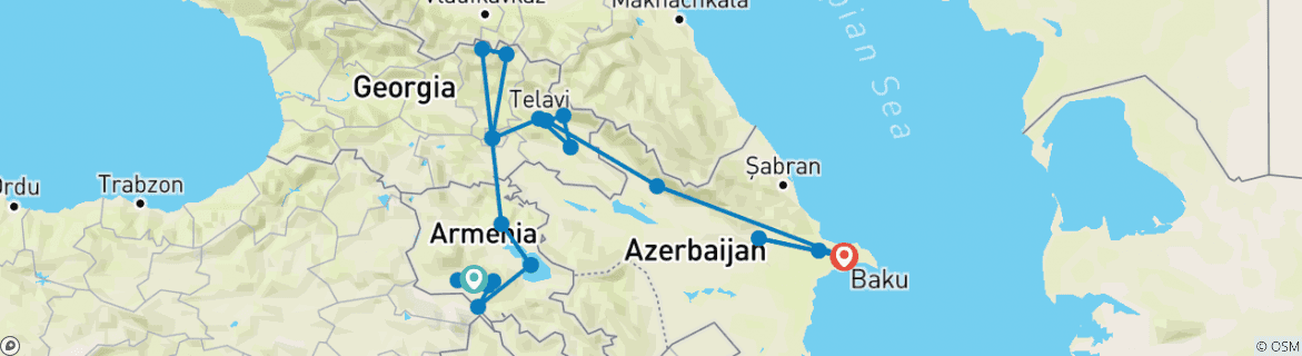Image of a map showing the route of the tour