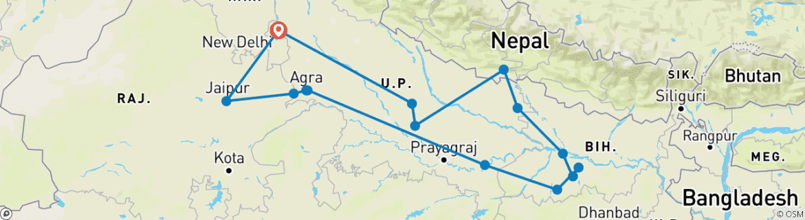 Foto van een kaart met de route van de rondreis