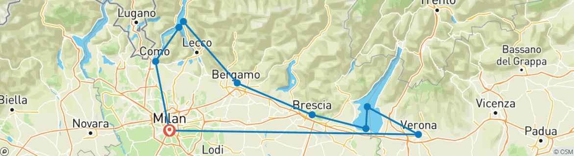 Image of a map showing the route of the tour