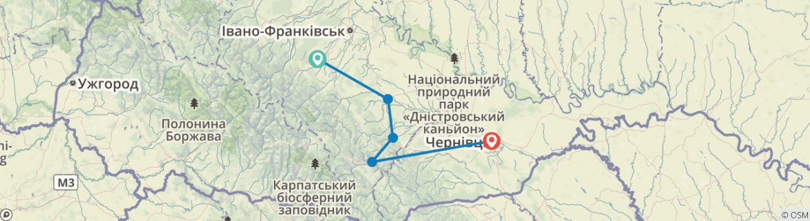 Image of a map showing the route of the tour