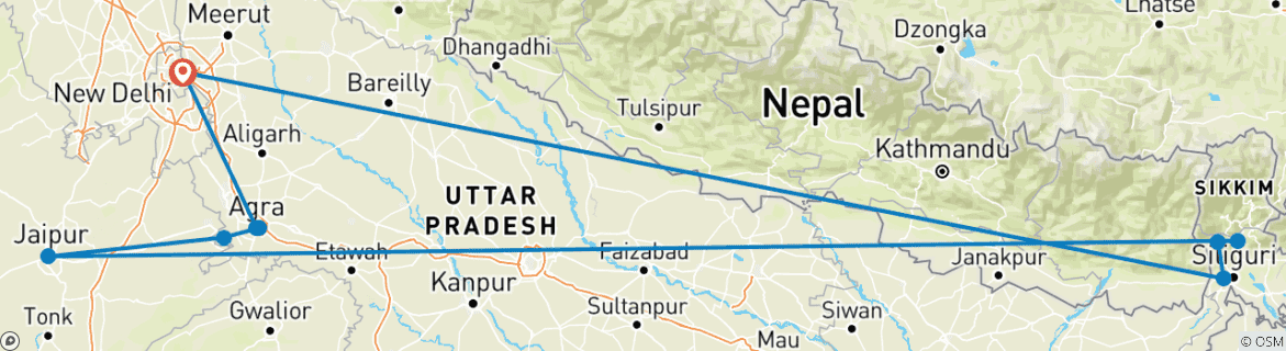 Image of a map showing the route of the tour