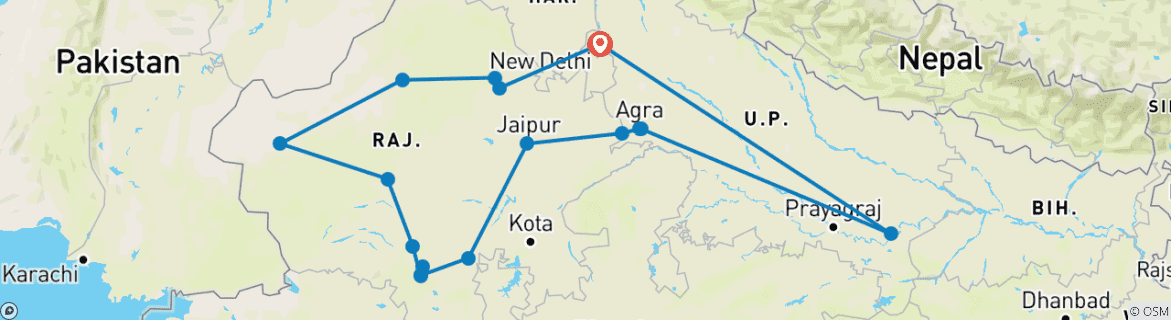 Image of a map showing the route of the tour