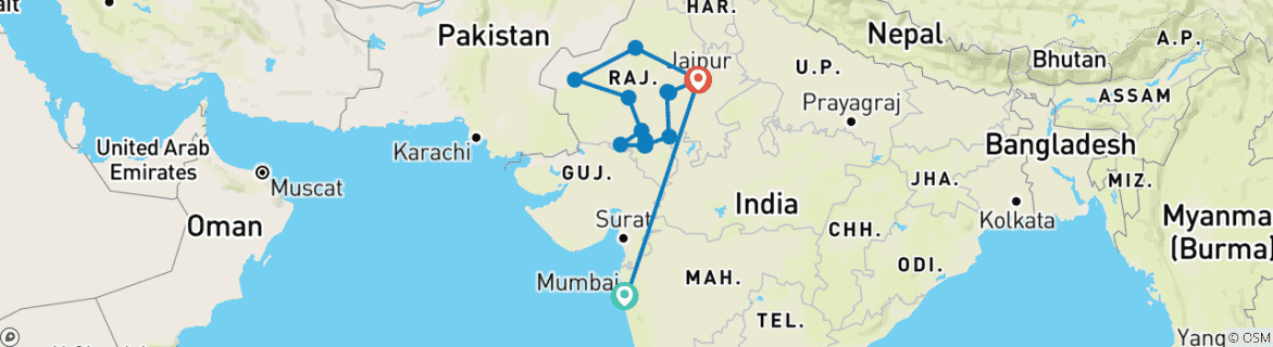 Image of a map showing the route of the tour