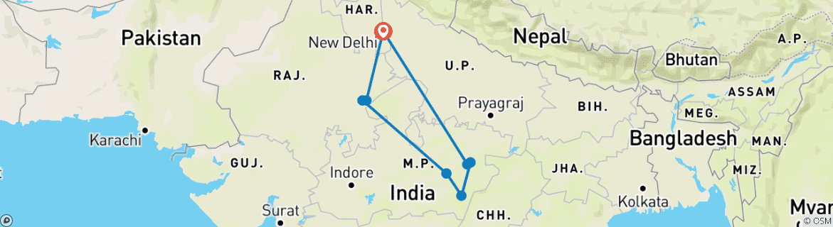 Image of a map showing the route of the tour