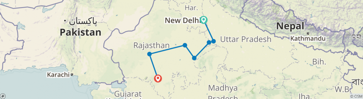 Image of a map showing the route of the tour