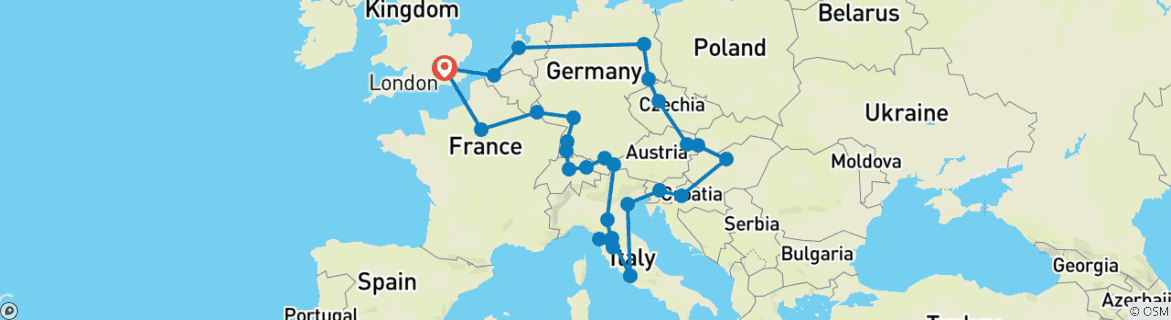Image of a map showing the route of the tour