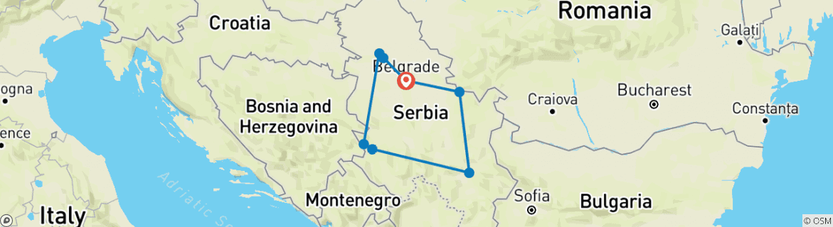 Image of a map showing the route of the tour