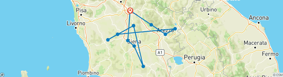 Image of a map showing the route of the tour