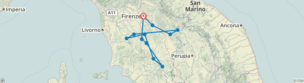 Image of a map showing the route of the tour