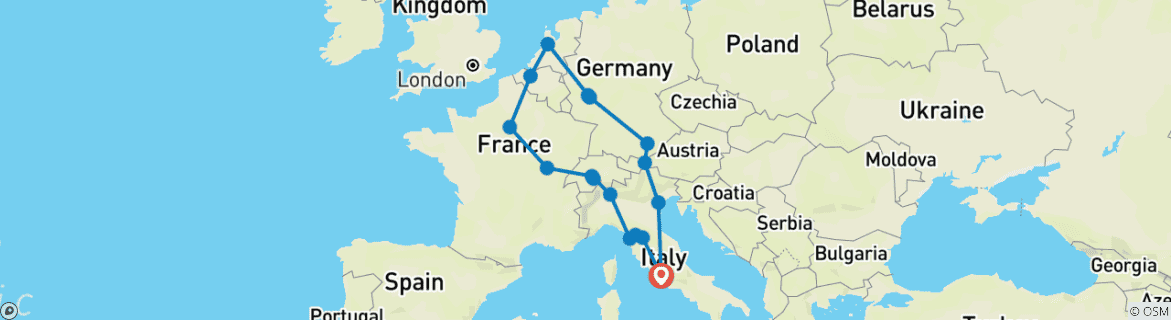Image of a map showing the route of the tour