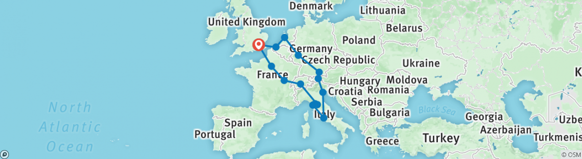 Image of a map showing the route of the tour