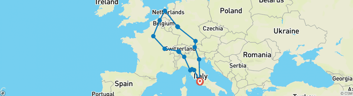 Image of a map showing the route of the tour
