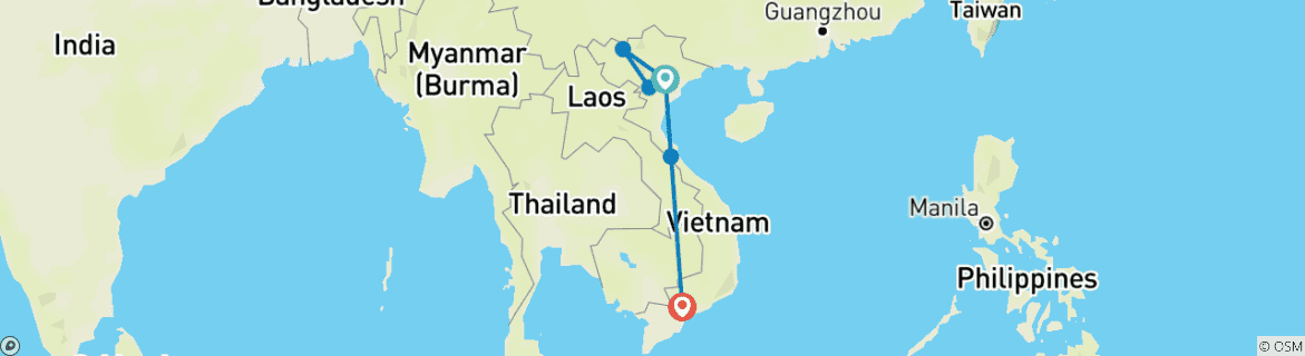 Image of a map showing the route of the tour