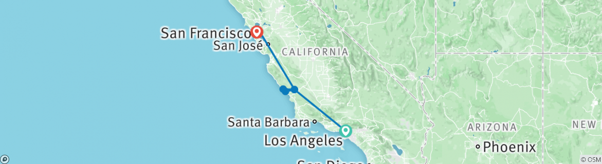 Image of a map showing the route of the tour