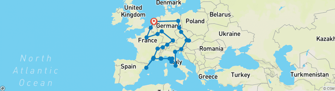 Image of a map showing the route of the tour