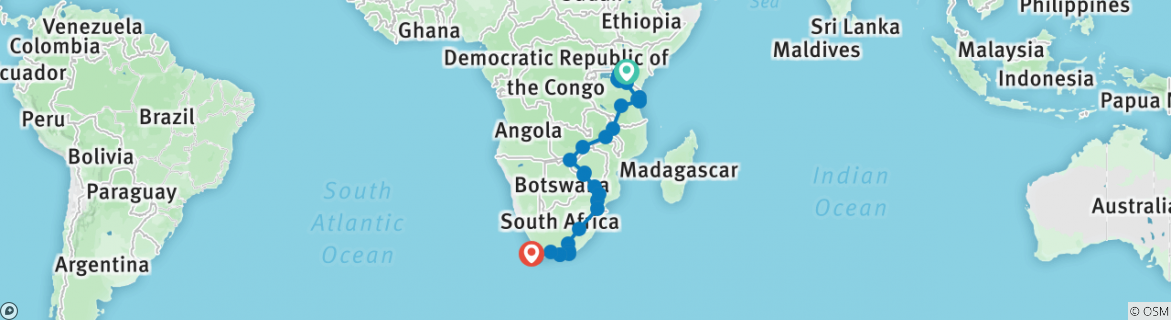 Image of a map showing the route of the tour