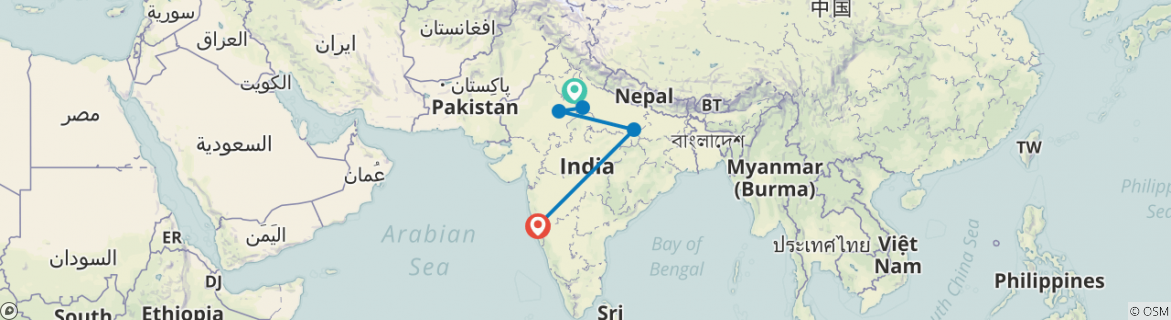 Image of a map showing the route of the tour