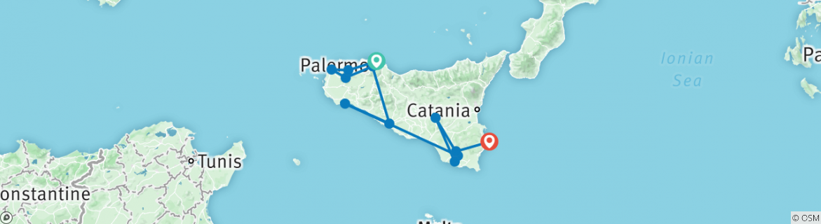 Image of a map showing the route of the tour