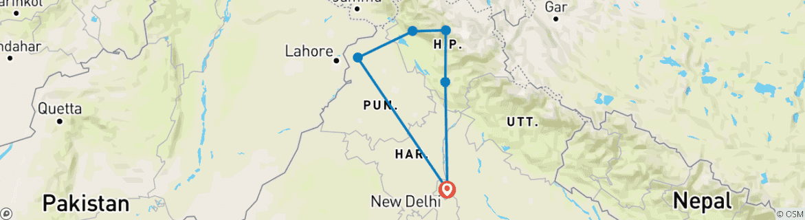 Image of a map showing the route of the tour