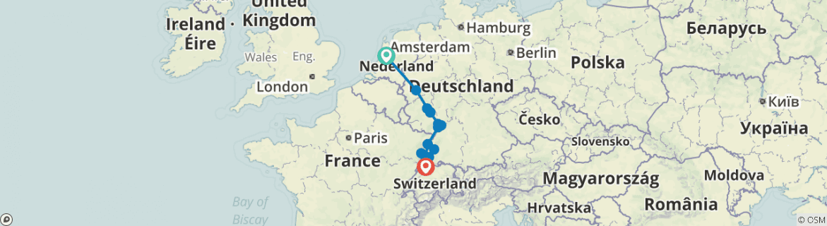 Image of a map showing the route of the tour