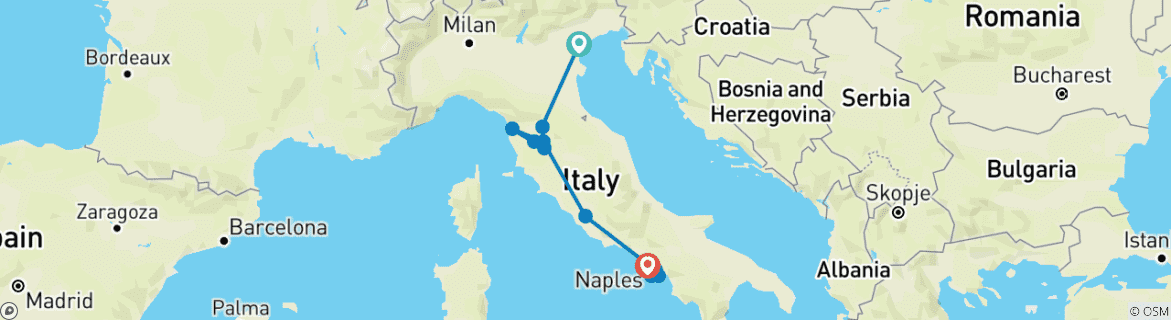 Image of a map showing the route of the tour