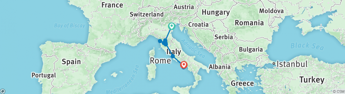 Image of a map showing the route of the tour