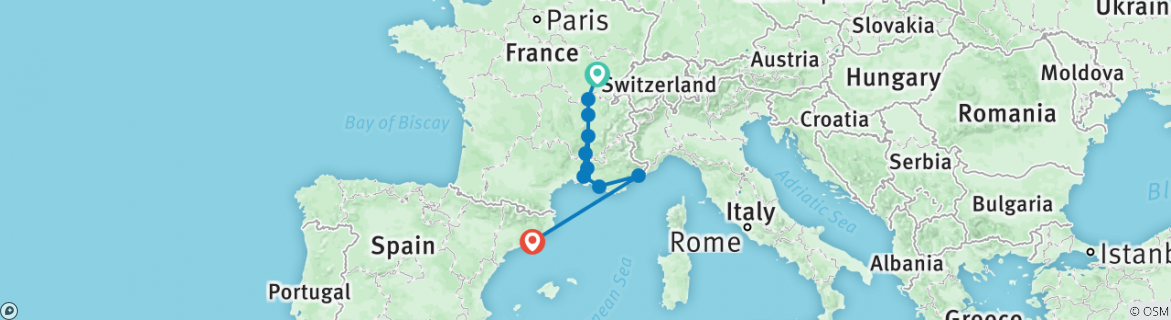 Image of a map showing the route of the tour