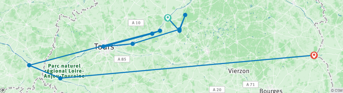 Image of a map showing the route of the tour