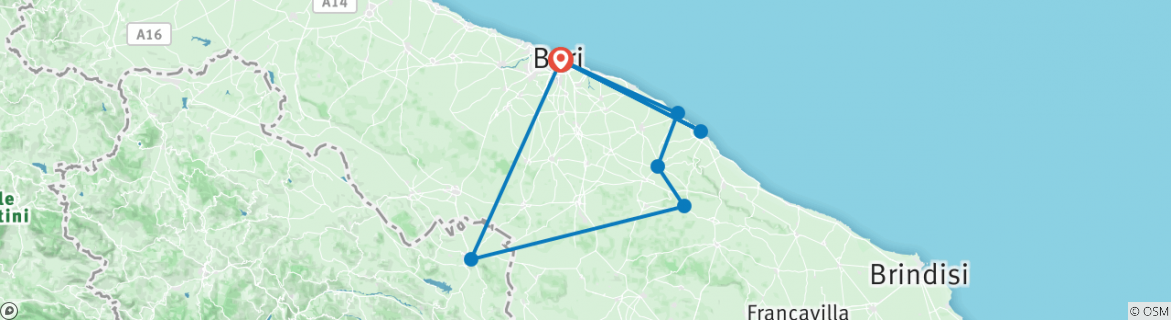 Image of a map showing the route of the tour