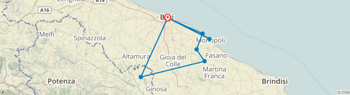 Image of a map showing the route of the tour