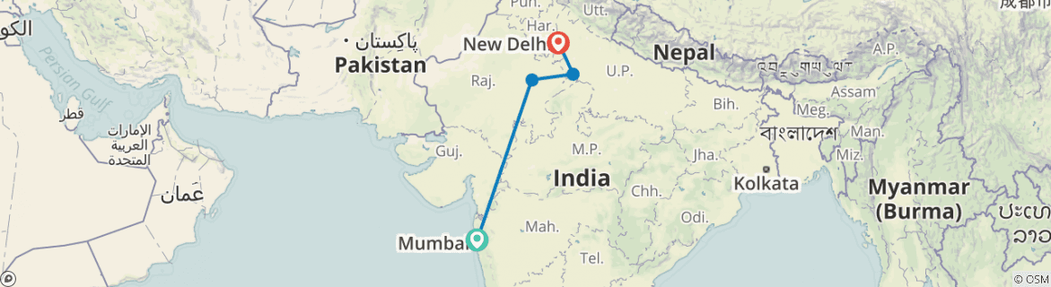 Image of a map showing the route of the tour