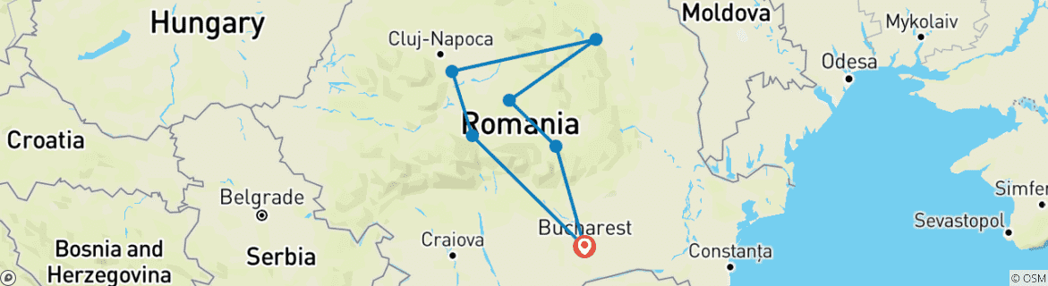 Mapa de Visita a Drácula en Rumanía desde Bucarest, incluido "El Ritual de la Matanza de un Muerto Viviente