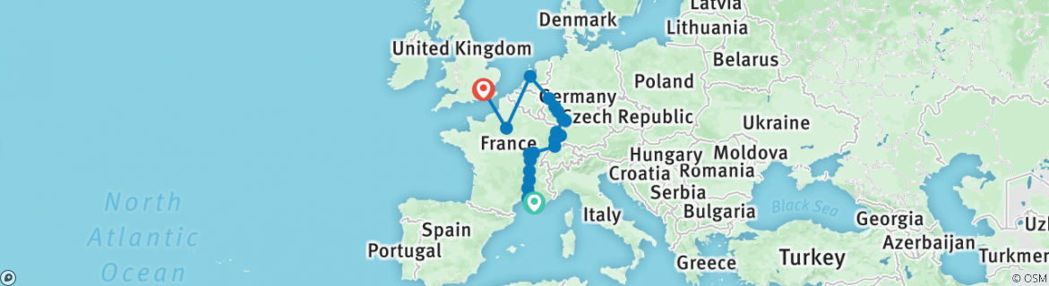 Image of a map showing the route of the tour
