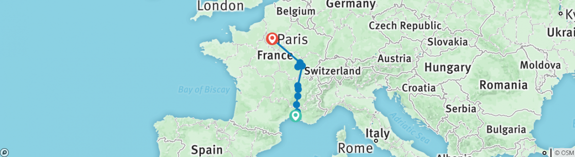 Image of a map showing the route of the tour