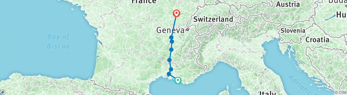 Image of a map showing the route of the tour