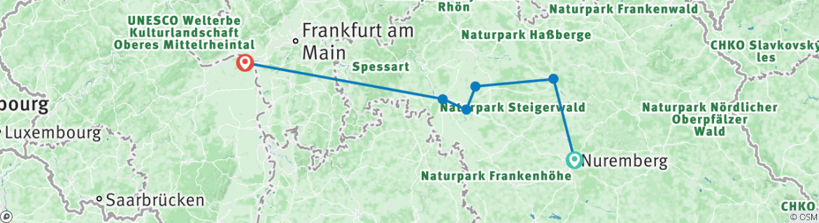 Image of a map showing the route of the tour