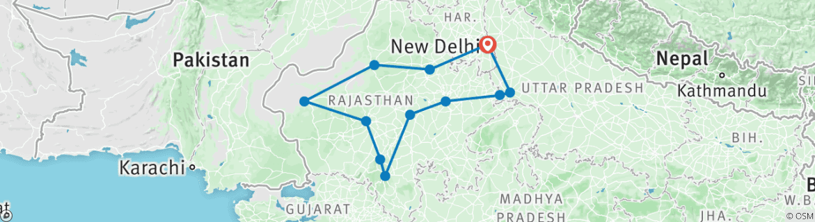 Image of a map showing the route of the tour