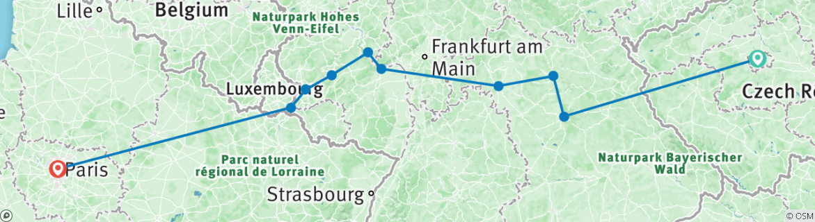 Image of a map showing the route of the tour