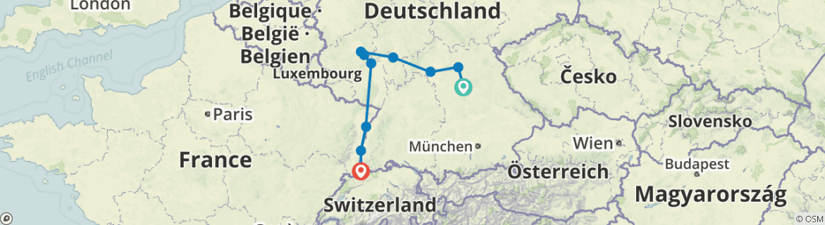 Image of a map showing the route of the tour