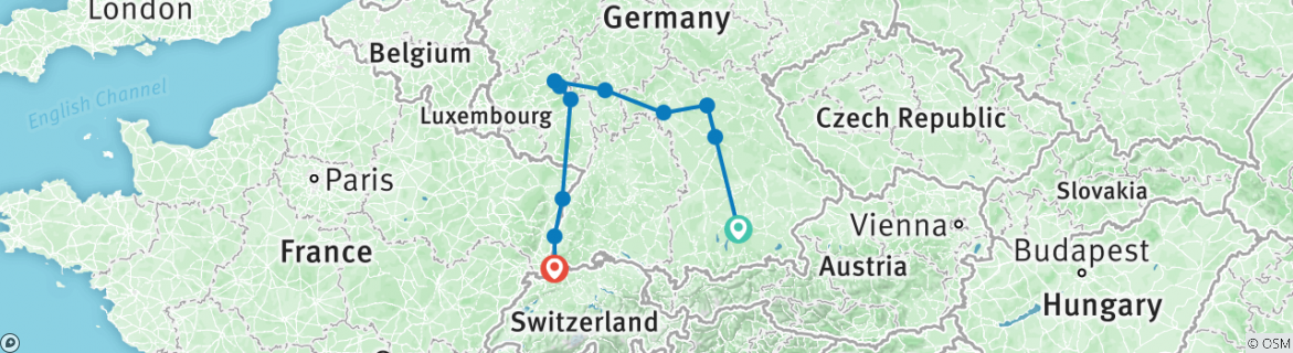 Image of a map showing the route of the tour