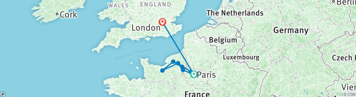 Image of a map showing the route of the tour