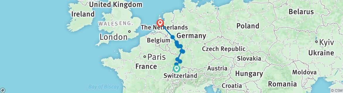 Image of a map showing the route of the tour