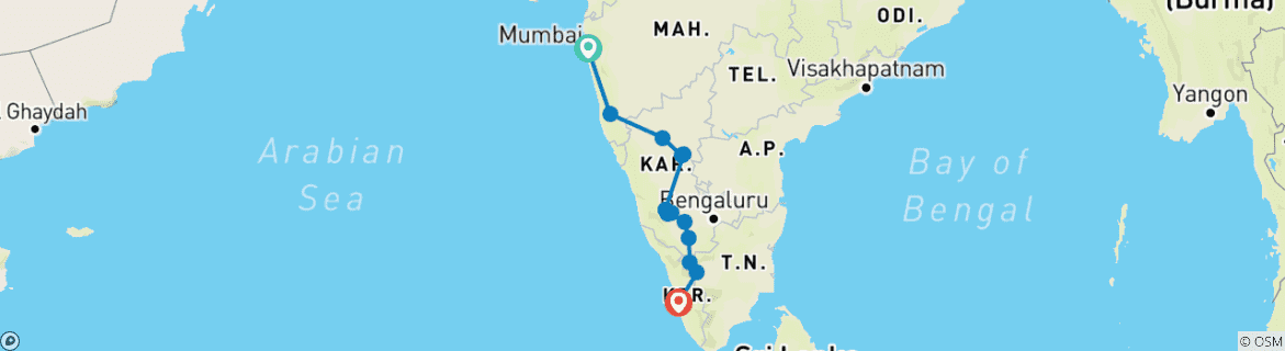 Image of a map showing the route of the tour