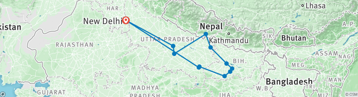 Image of a map showing the route of the tour