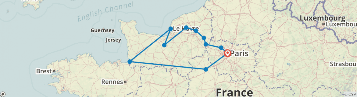 Image of a map showing the route of the tour